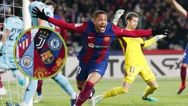 Vitor Roque festejando un gol con el Barcelona, dentro del círculo camisetas de grandes clubes europeos.