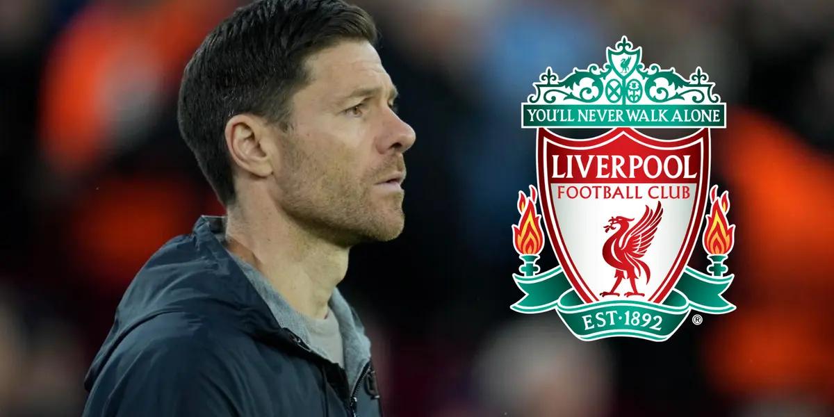 Xabi Alonso como entrenador del Bayer Leverkusen y el escudo del Liverpool.
