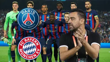 Xavi aplaude, logos de PSG y Bayern, jugadores de Barca