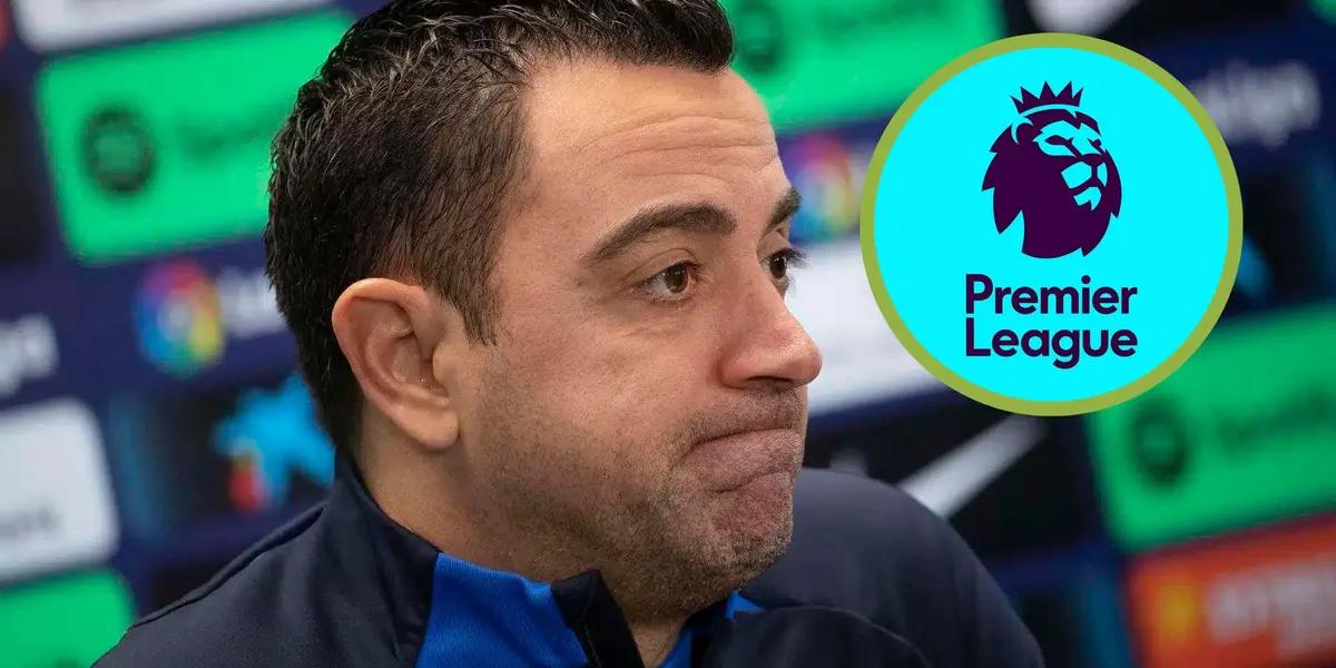 Xavi con el buzo del Barça, se lamenta, y el escudo de la Premier League.