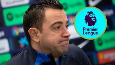 Xavi con el buzo del Barça, se lamenta, y el escudo de la Premier League.