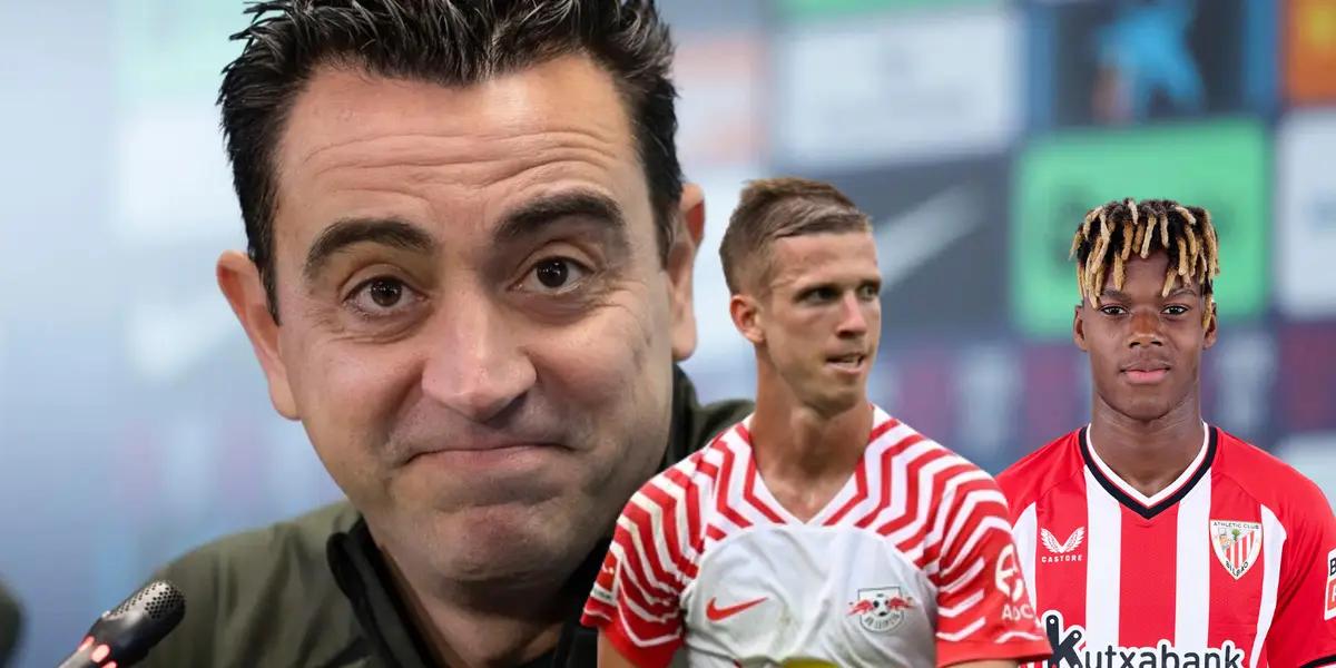 Xavi de fondo, Nico Williams y Dani Olmo adelante.