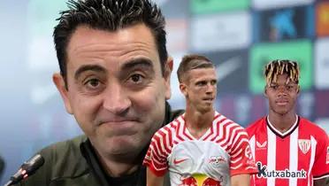 Xavi de fondo, Nico Williams y Dani Olmo adelante.