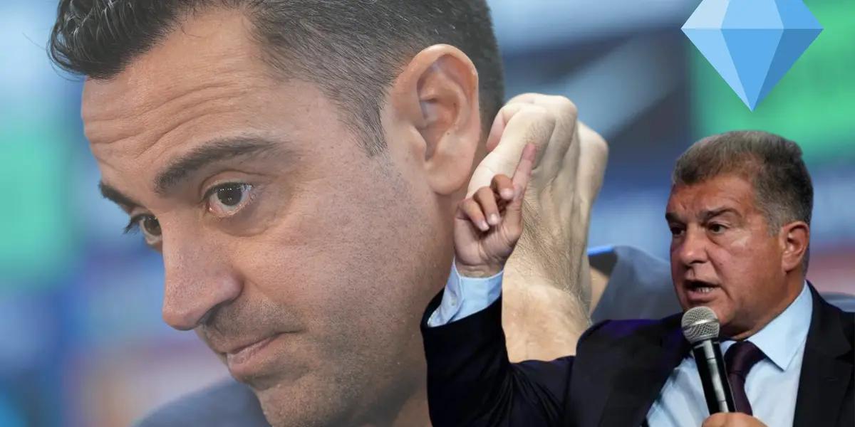 Xavi Hernández con cara de preocupación. Laporta hablando con una imagen de una joya.