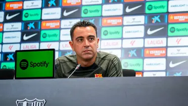Xavi Hernández en una conferencia de prensa del FC Barcelona.