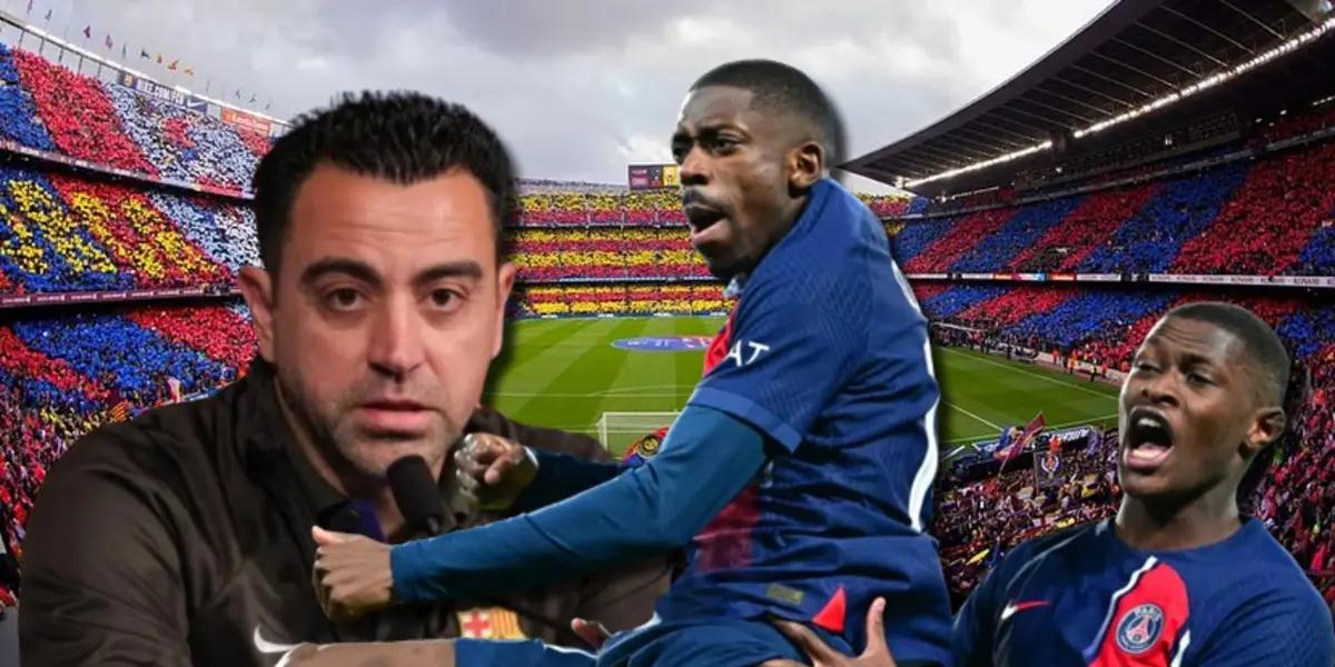 Xavi Hernández, entrenador del FC Barcelona, con Ousmane Dembelé del PSG