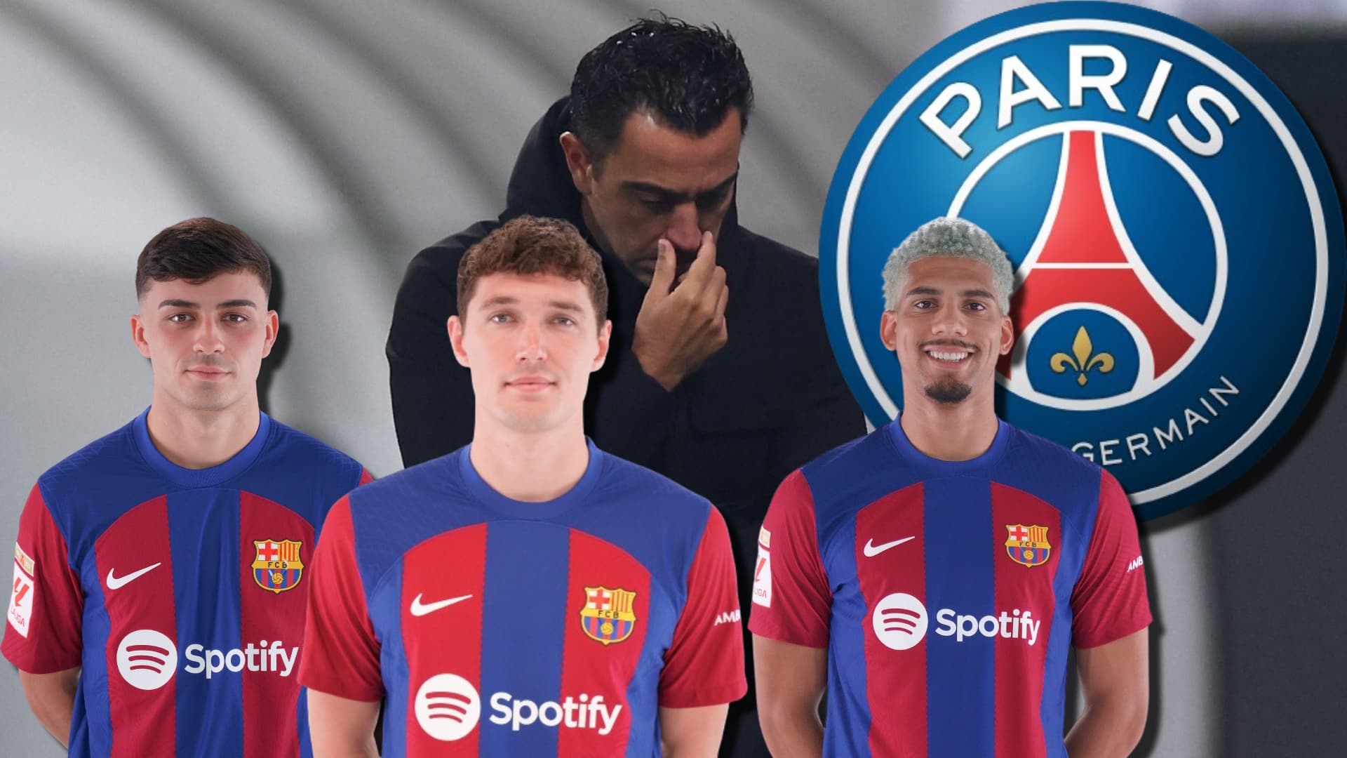 Xavi Hernández, entrenador del FC Barcelona, con Pedri, Andreas Christensen y Ronald Araújo