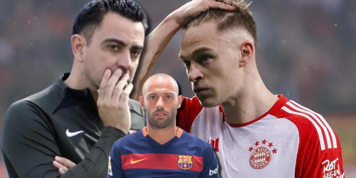 Xavi Hernández, entrenador del FC Barcelona, Javier Mascherano y Joshua Kimmich