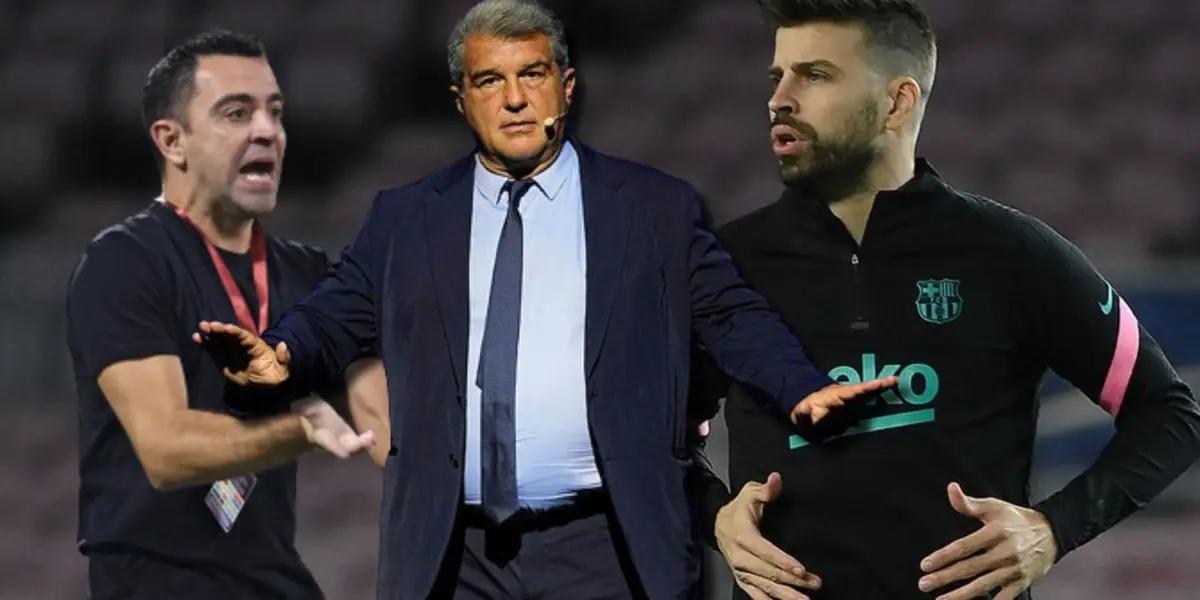 Xavi Hernández, Gerard Piqué y Joan Laporta del FC Barcelona