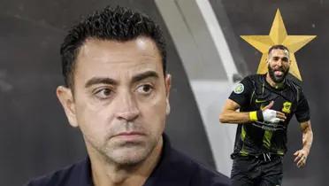 Xavi Hernández mirando preocupado. Estrella de fondo, Karim Benzema en Arabia Saudí.