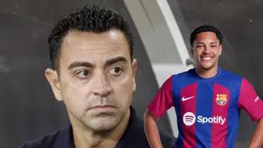 Xavi Hernández preocupado, Vitor Roque con camiseta del FC Barcelona a un costado.