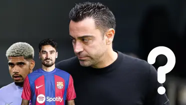 Xavi Hernández serio. Ronald Araujo e Ilkai Gundogan con la camiseta del Barcelona y un signo de interrogación a su derecha