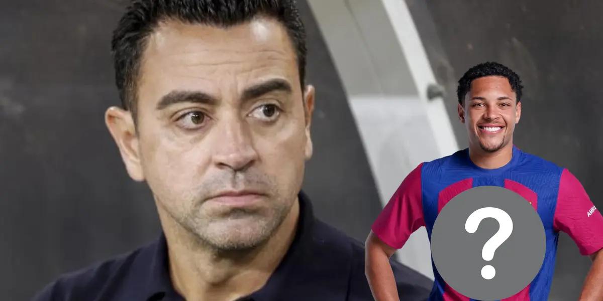 Xavi Hernández serio, Vitor Roque con la camiseta del FC Barcelona y un signo de pregunta.