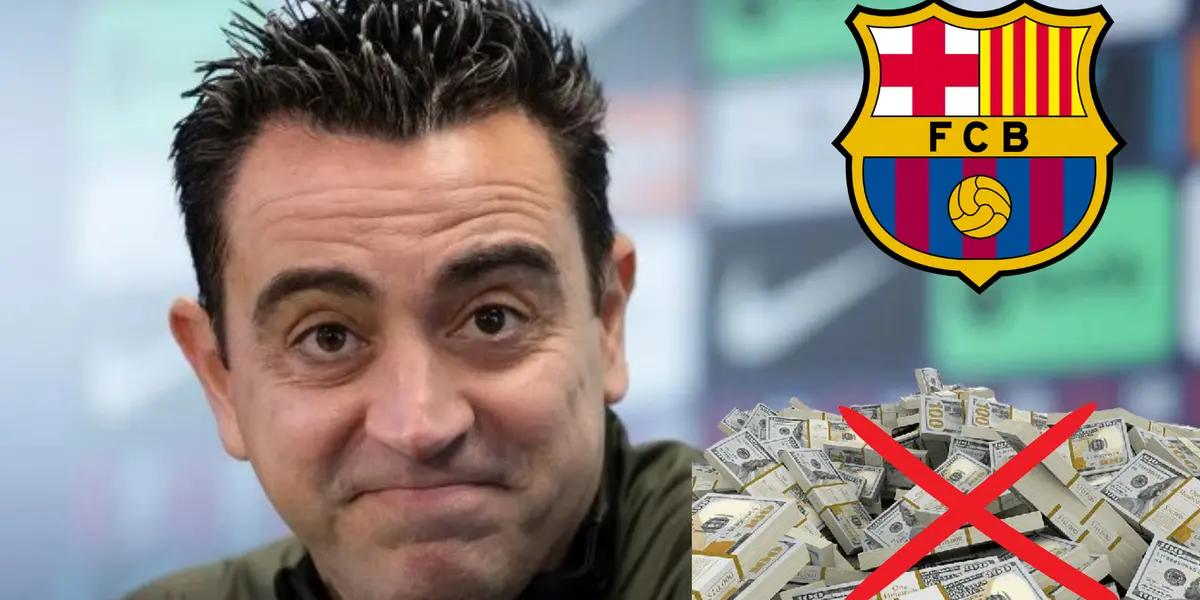 Xavi riendo, escudo del FC Barcelona y debajo un fajo de dinero con una cruz de rechazo.
