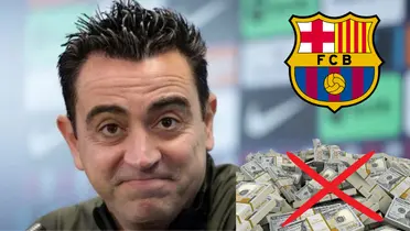 Xavi riendo, escudo del FC Barcelona y debajo un fajo de dinero con una cruz de rechazo.