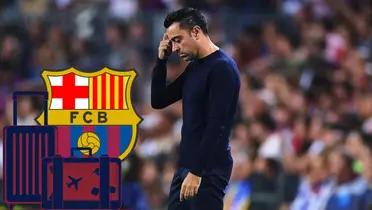 Xavi se lamenta, el escudo del Barça y la maleta en señal de partida.