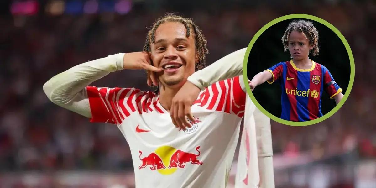 Xavi Simons con la camiseta del Leipzig y de niño cuando jugaba en La Masía del Barcelona.