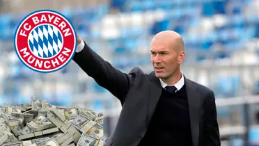 Zinedine Zidane dirigiendo. Escudo de Bayern Múnich y monto de dinero.